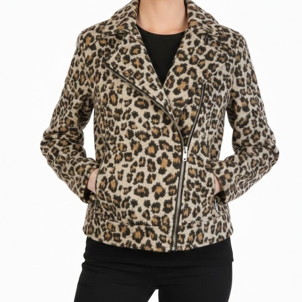 Cupcakes and Cashmere Leopard Print Moto Jacket Size Small Like New